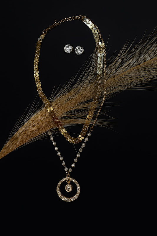 Minimalist Double Chain Pendant with Matching Earrings – Elegant Everyday Jewelry Set.