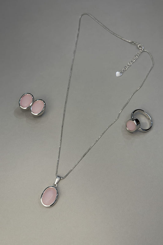 Pink Stone Silver Set (Ring + Pendant + Earrings)